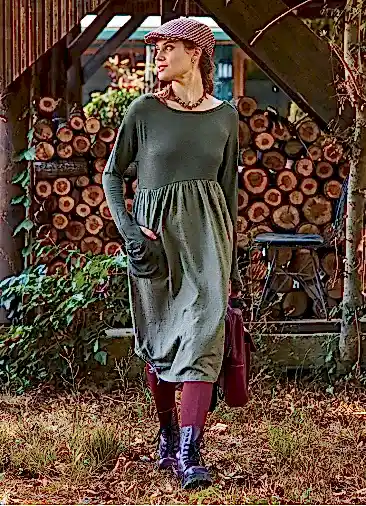 Bisiklet Yaka Cepli Parmak Geçmeli Haki Kışlık Elbise 7062