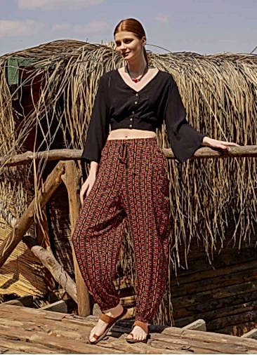 Turuncu Desenli Bohem Stil Dökümlü Şalvar Pantolon 4998