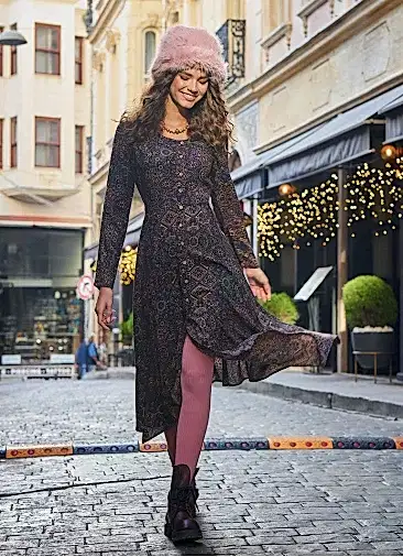 Otantik Desenli Uzun Kollu Mor Asimetrik Kesim Kışlık Kadın Elbise 6615