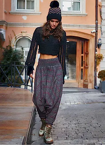 Gipe Bel Detaylı Kışlık Bordo Desenli Kadın Şalvar Pantolon 6656