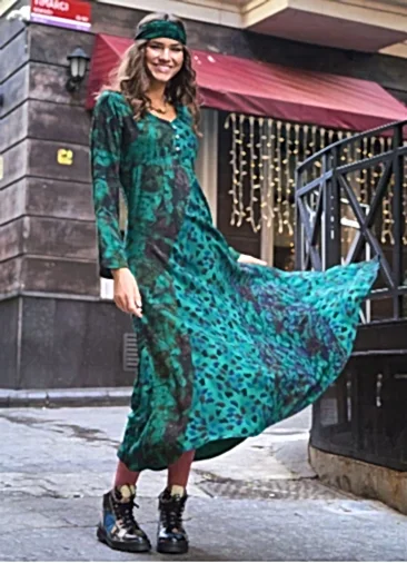 Yeşil Desenli Uzun Kollu Kışlık Patch Elbise 6696