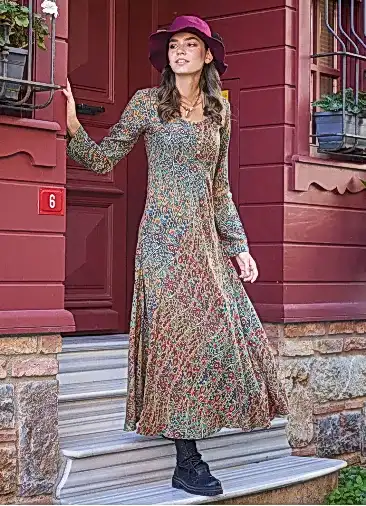 Yeşil Pera Desenli Uzun Kollu Kışlık Patch Elbise 6698