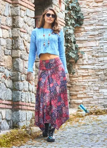 Kırmızı Etnik Desenli Biye Detaylı Asimetrik Kesimli Etek 6651