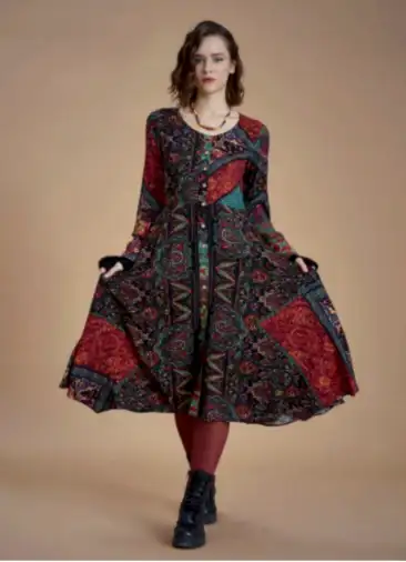 Siyah Bohem Desenli Uzun Kollu  Asimetrik Kesim Kışlık Kadın Elbise 6617