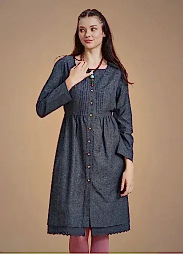 Nervürlü Yaka Dantelli Uzun Kollu Gri Elbise 6688