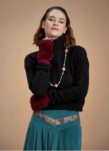 Bohem Tarz Triko Örme Kadın Siyah Kazak 6602