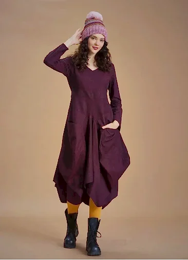 Derin V Yaka Uzun Kollu Balon Bordo Elbise 6623