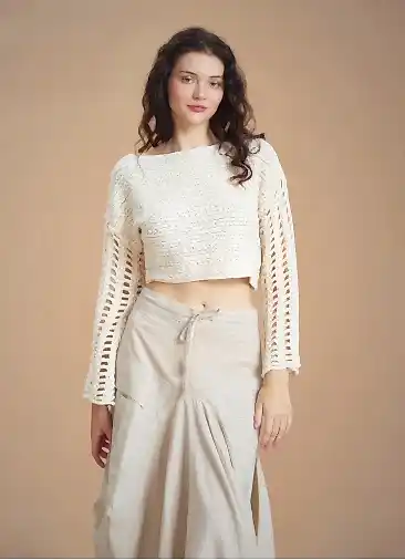 Ekru Renkli Örme Delikli Crop Ajurlu Kazak 6595