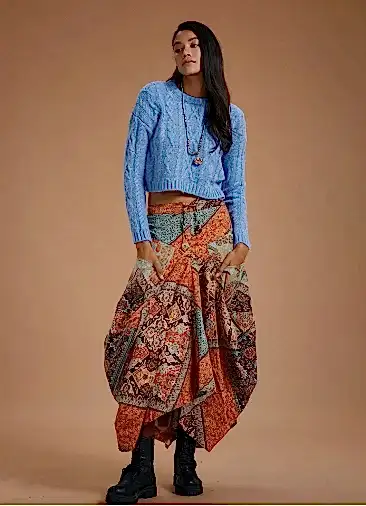 Kahve Desenli Beli Bağcıklı Cepli Uzun Etek 5128