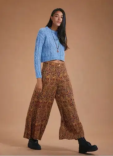 Palazzo Yüksek Bel Bol Kesim Hardal Desenli Pantolon 4862