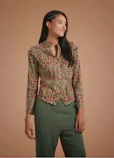 Çiçek Desenli Hakim Yaka Çapraz Düğmeli Ceket Bluz 5387