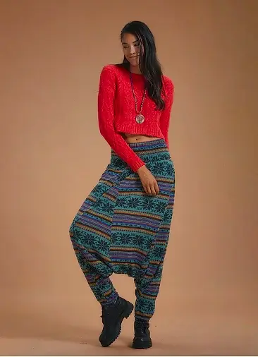 Gipe Bel Detaylı Kışlık Kadın Petrol Desenli Şalvar Pantolon 5137