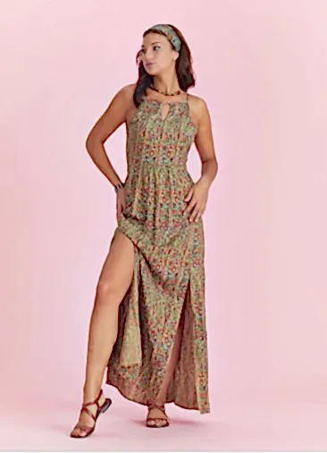 Etnik Desenli Dekolteli Ön Yırtmaçlı Yeşil Elbise 4882