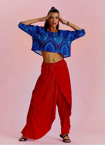 Kruvaze Ön Detay Beli Lastikli Salaş Kırmızı Pantolon 5040