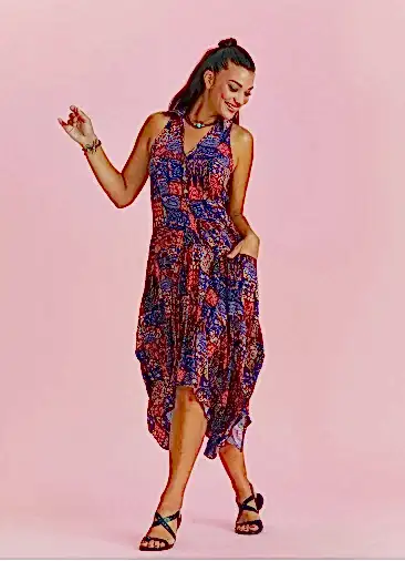 Kırmızı Desenli Gömlek Yaka Bohem Elbise 5284