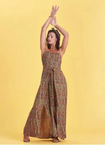 Askılı Belden Bağlamalı Yeşil Desenli Elbise 4919