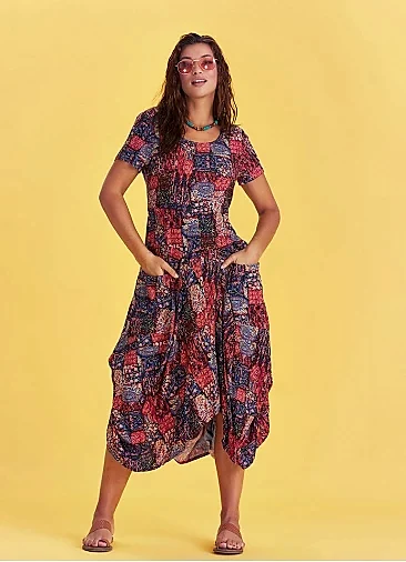 Otantik Havuz Yaka Yarım Kollu Bordo Desenli Uzun Elbise 4883