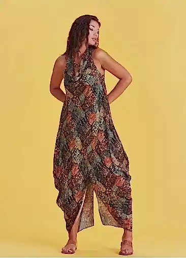 Degaje Yaka Otantik Haki Desenli Elbise 4925