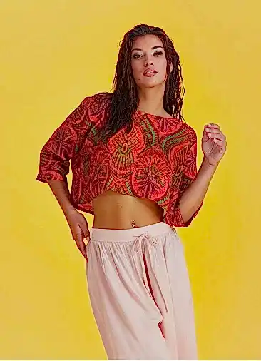 Kayık Yaka Düşük Omuz Desenli Salaş Crop Bluz 6510