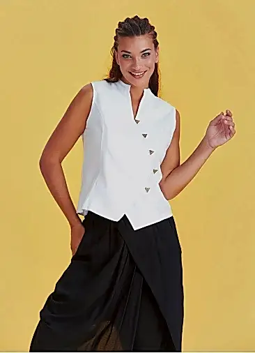 Otantik Çapraz Düğme Detaylı Kolsuz Beyaz Bluz 5338