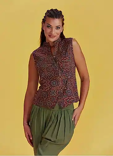 Etnik Desenli Çapraz Düğmeli Retro Bluz 1989