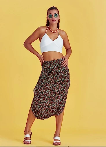 Kapri Düşük Lastikli Bel Çiçek Desenli Etek Pantolon 4872