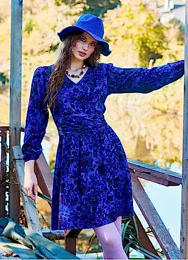 V Yaka Drapeli Kuşak Detaylı Saks Kışlık Elbise 7029