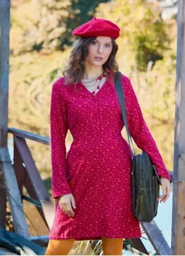 Hakim Yaka Düğme Detaylı Bağlamalı Fuşya Pazen Elbise 7055