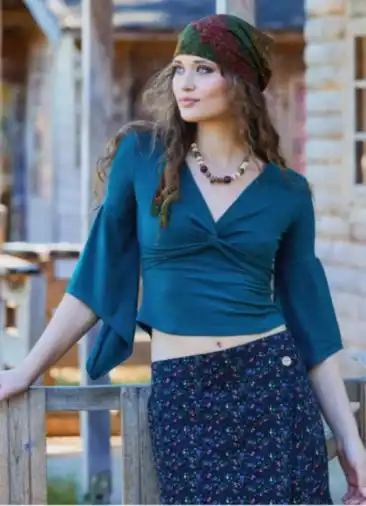 Kruvaze Yaka Yarım Kollu Yeşil Kışlık Bluz 7050