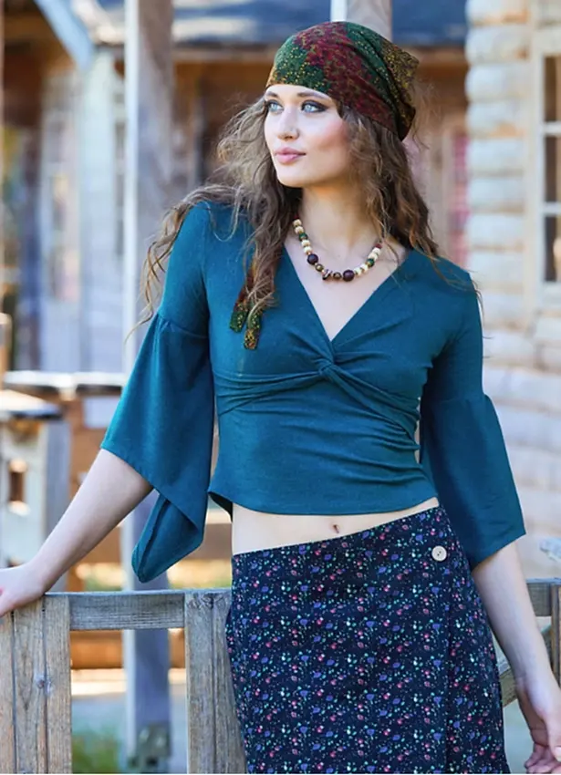 Kruvaze Yaka Yarım Kollu Yeşil Kışlık Bluz 7050