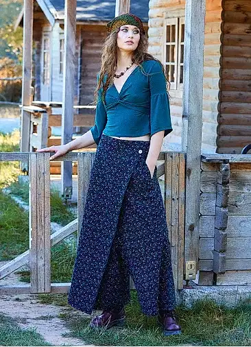 Anvelop Asimetrik Kesim Düğme Detaylı Siyah Çiçekli Şalvar 7034