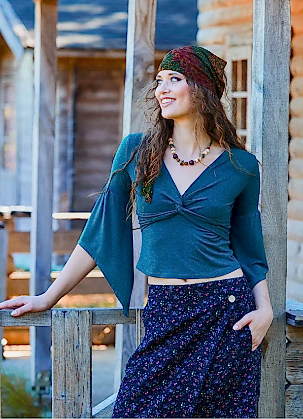 Kruvaze Yaka Yarım Kollu Yeşil Kışlık Bluz 7050