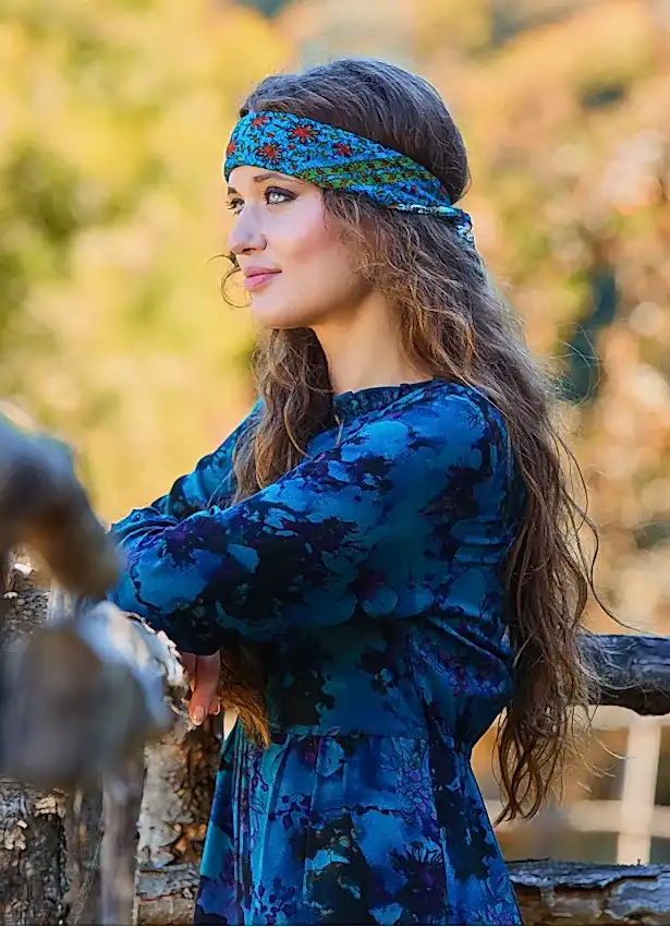 Düğme Detaylı Dantelli Mavi Desenli Uzun Kollu Elbise 7060