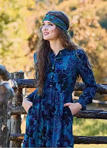 Düğme Detaylı Dantelli Mavi Desenli Uzun Kollu Elbise 7060