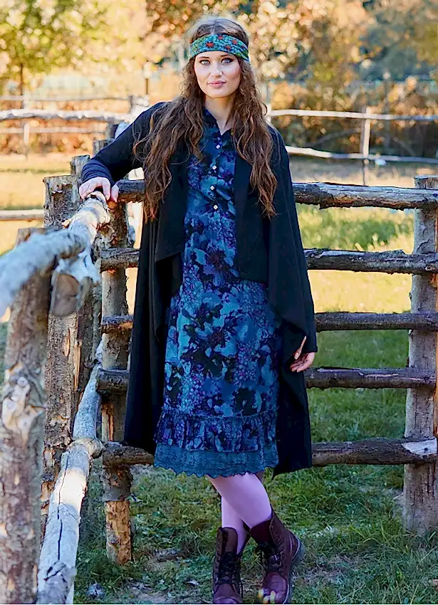 Düğme Detaylı Dantelli Mavi Desenli Uzun Kollu Elbise 7060