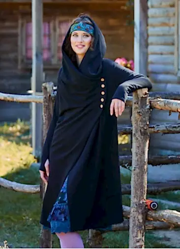 Parmak Geçmeli Düğme Detaylı Kapşonlu Siyah Bohem Hırka 7019