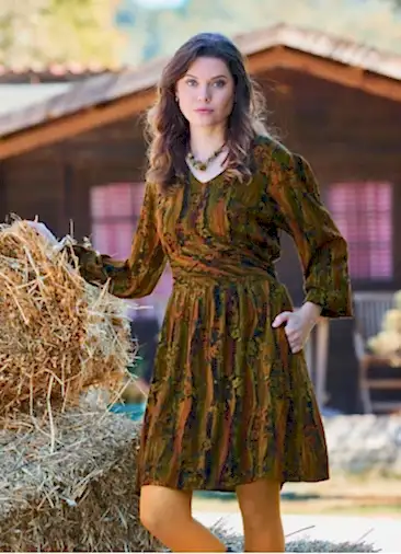 V Yaka Drapeli Kuşak Detaylı Haki Uzun Kollu Elbise 7030