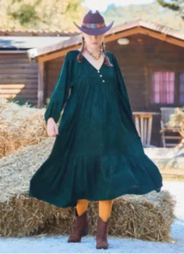 V Yaka Kol Ucu Lastikli Düğme Detaylı Yeşil Kışlık Elbise 7037