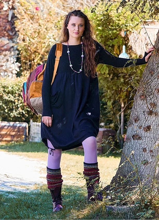 Bisiklet Yaka Cepli Parmak Geçmeli Siyah Kışlık Elbise 7063