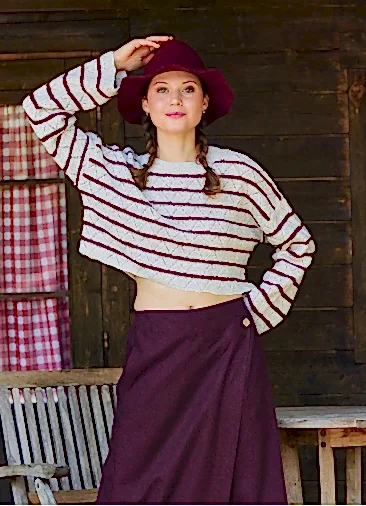 Bisiklet Yaka Bel Üstü Bordo Çizgili Kadın Triko 7073