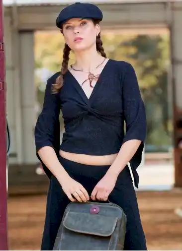 Kruvaze Yaka Yarım Kollu Siyah Kışlık Bluz 7049