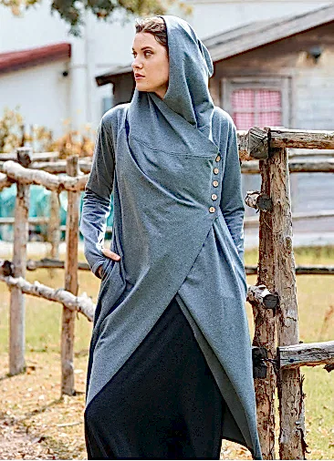 Parmak Geçmeli Düğme Detaylı Kapşonlu Gri Bohem Hırka 7021