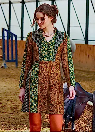 Hakim Yaka Düğme Detaylı Bağlamalı Yeşil Çiçekli Elbise 7052