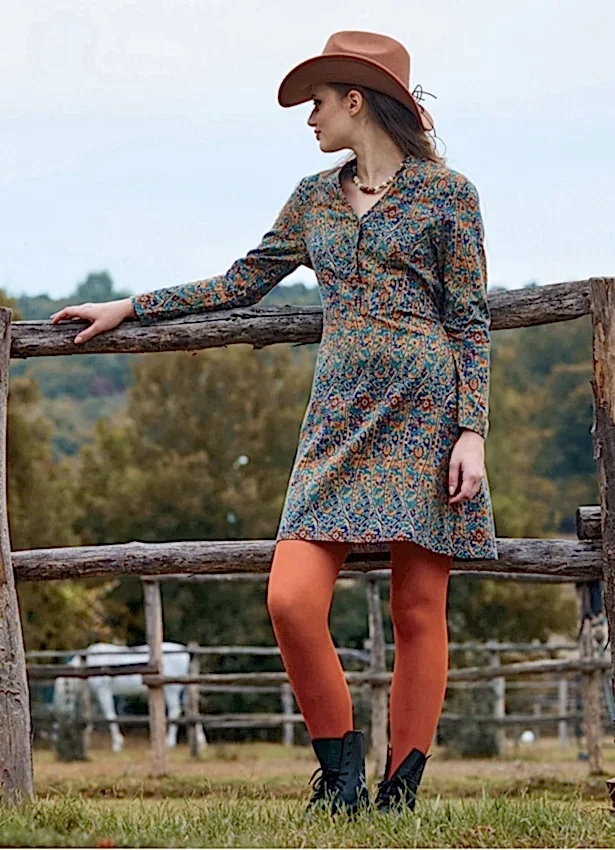 Hakim Yaka Düğme Detaylı Bağlamalı Petrol Çiçekli Elbise 7054