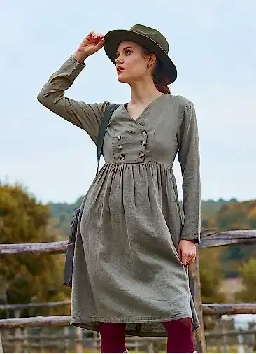 V Yaka Düğme Detaylı Fermuar Kapamalı Haki Kışlık Elbise 7067