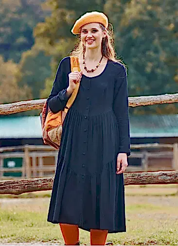 Bisiklet Yaka Düğme Detaylı Siyah Uzun Kollu Elbise 7113