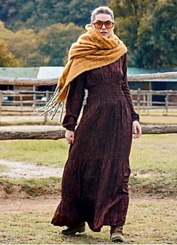 V Yaka Gipe Detaylı Volanlı Kahve Kışlık Elbise 7026