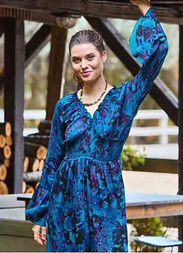 Yakası Lastikli İspanyol Kol Mavi Uzun Kollu Elbise 7047