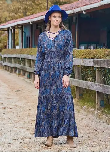 V Yaka Gipe Detaylı Volanlı Mavi Uzun Kollu Elbise 7027