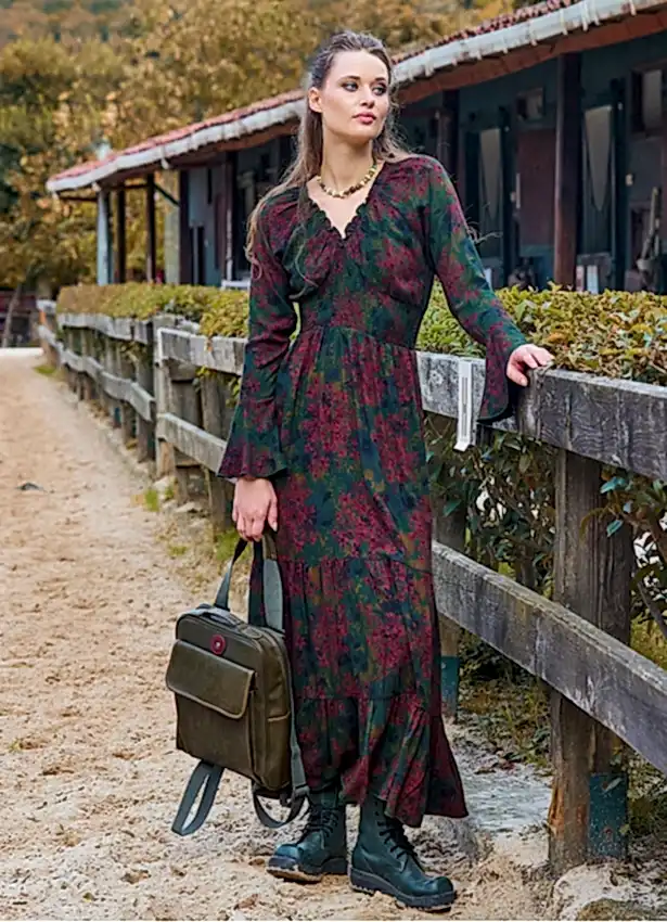 Yakası Lastikli İspanyol Kol Yeşil Kışlık Elbise 7046